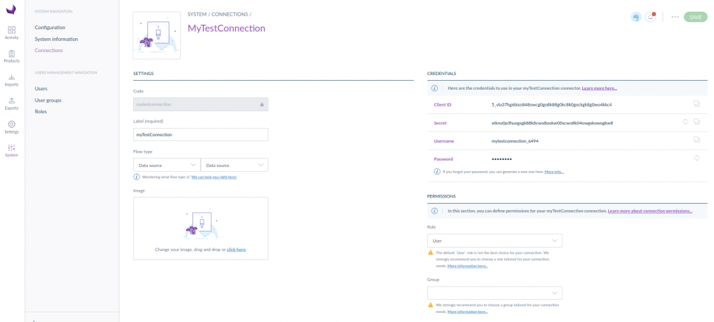 Configuration d'une connexion API