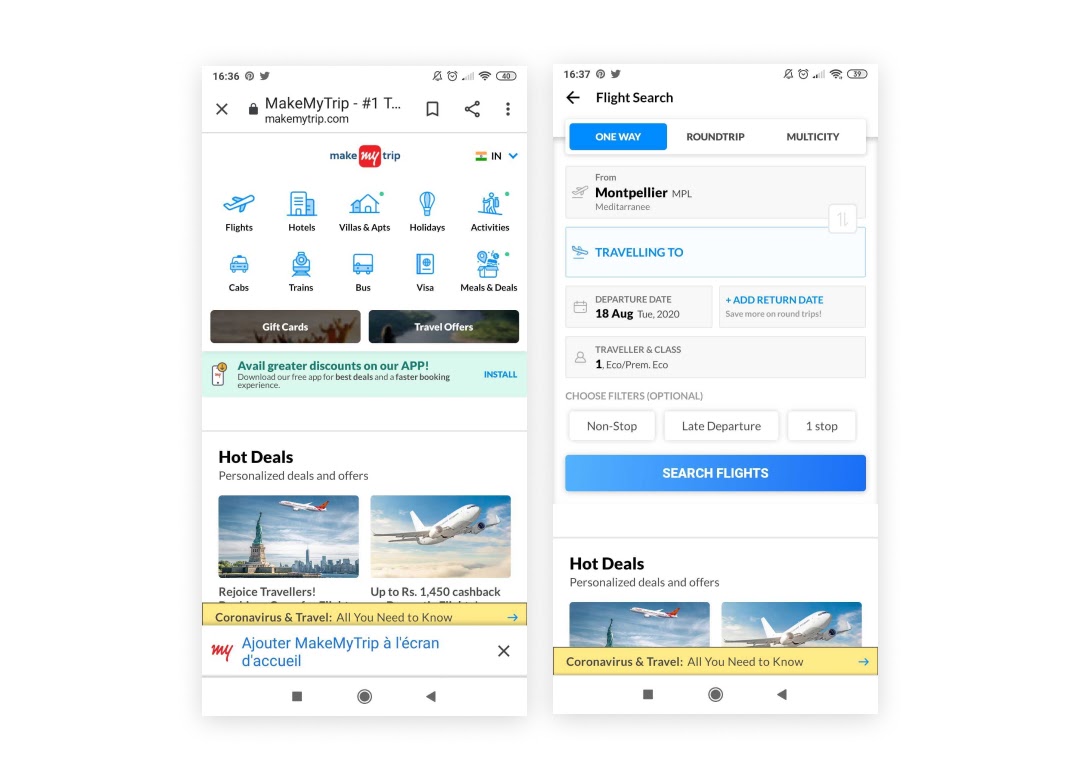 L'exemple PWA de Makemytrip