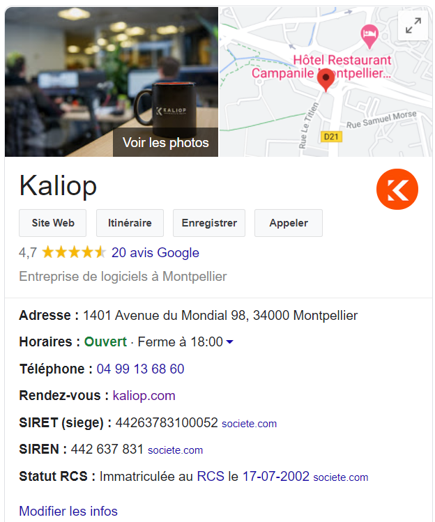 la fiche google my business de Kaliop