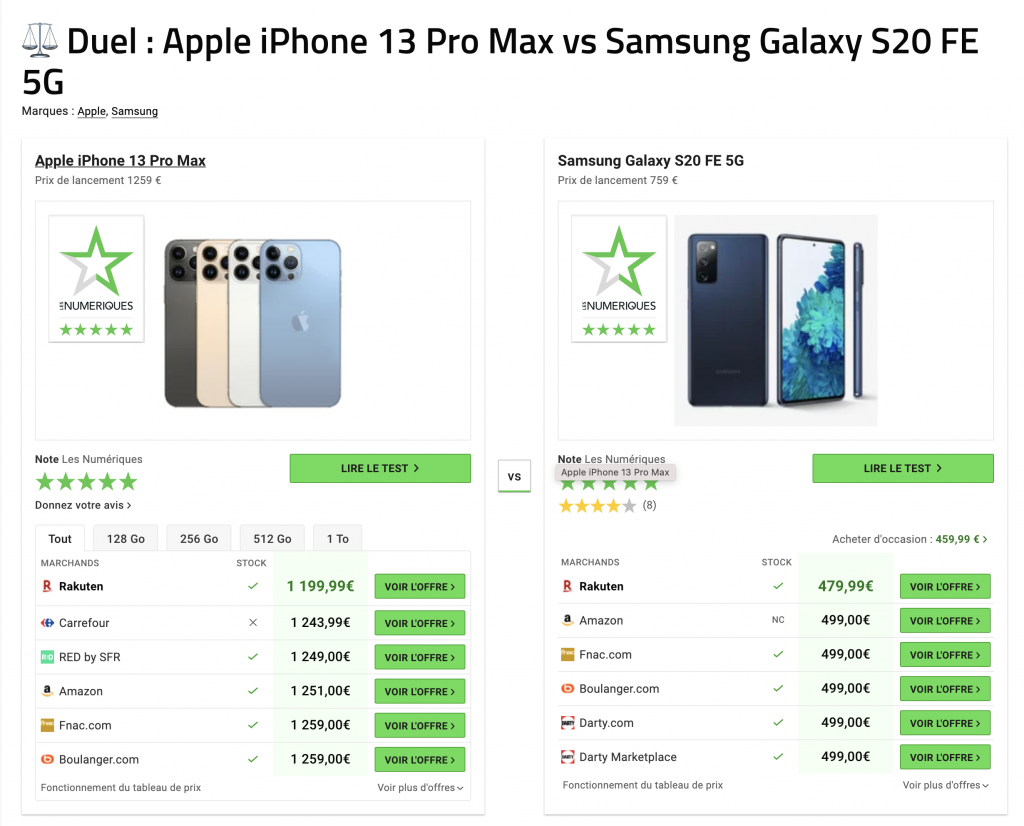 Fonctionnalité de comparaison de produit